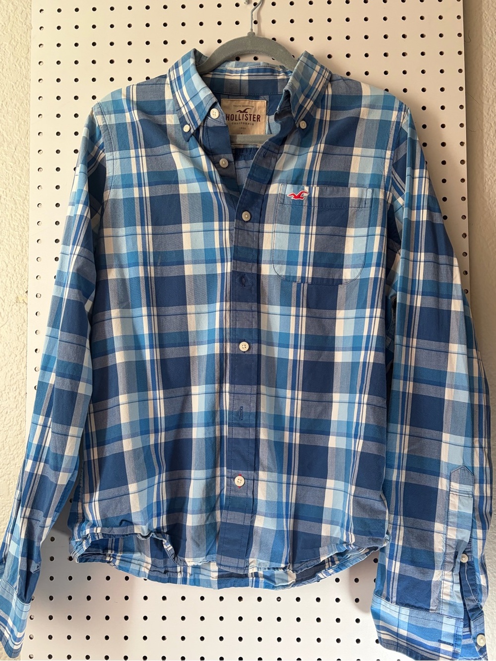 Hollister Men's Blue and White Plaid Button-Down Shirt